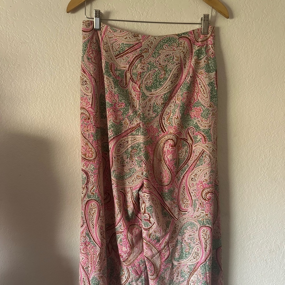 Milk and Honey Elegant Paisley Pink Satin Wide Leg Pants Pink & Green - Size L - Picture 4 of 6